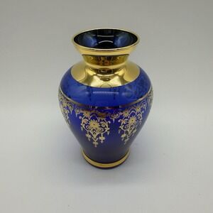 Vecchia Murano Vase Cobalt Blue Gold 24K Trim Glass Collectible Vintage Mini